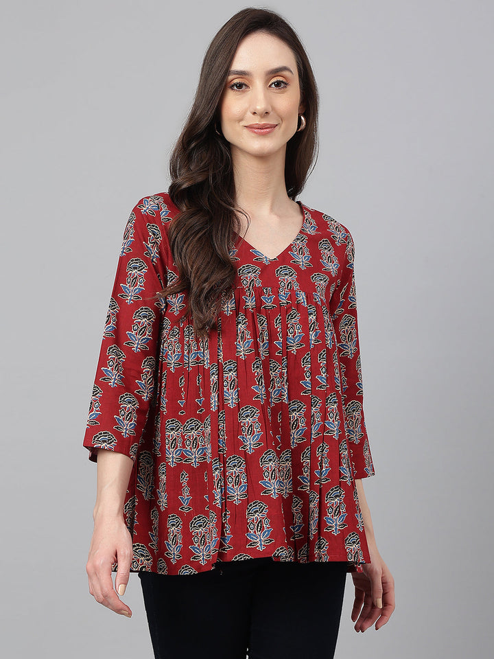 Maroon Cotton Floral Block Print Flared Top  - By Janasya