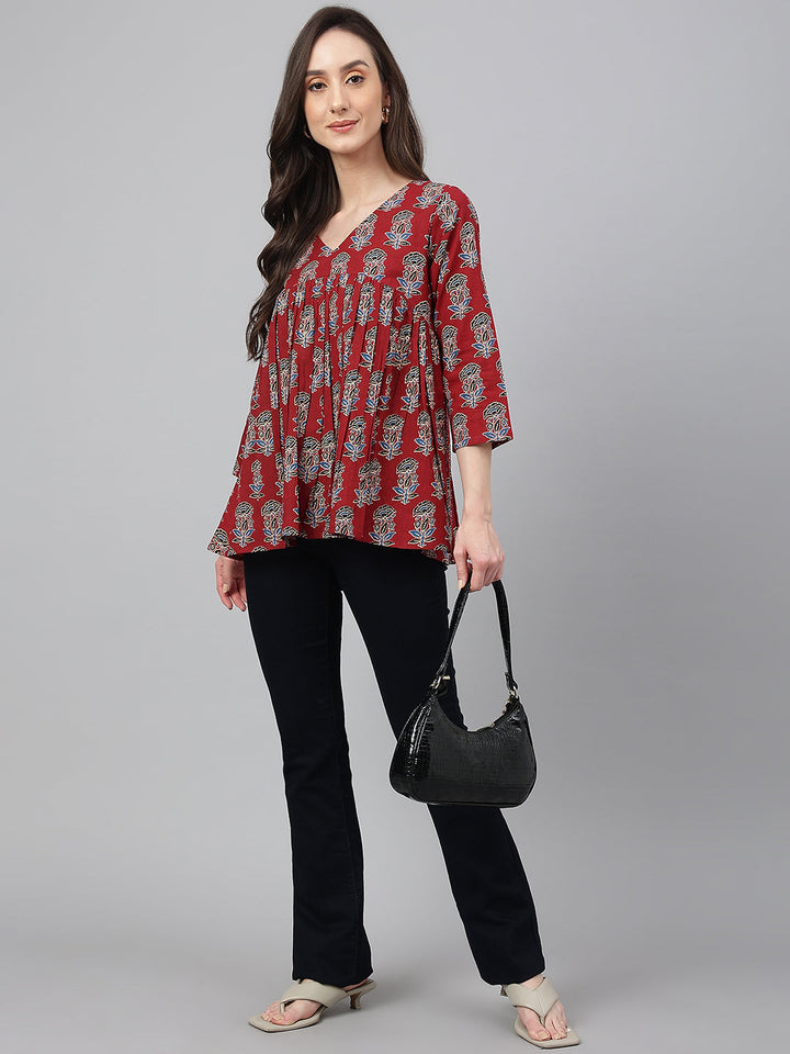 Maroon Cotton Floral Block Print Flared Top  - By Janasya