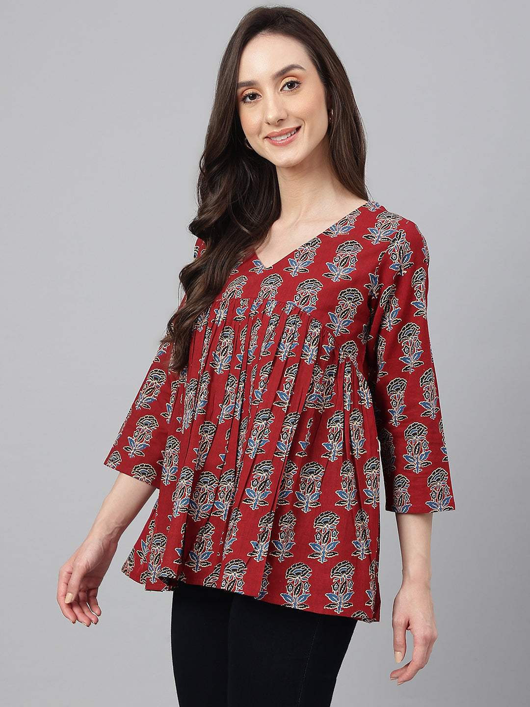 Maroon Cotton Floral Block Print Flared Top  - By Janasya