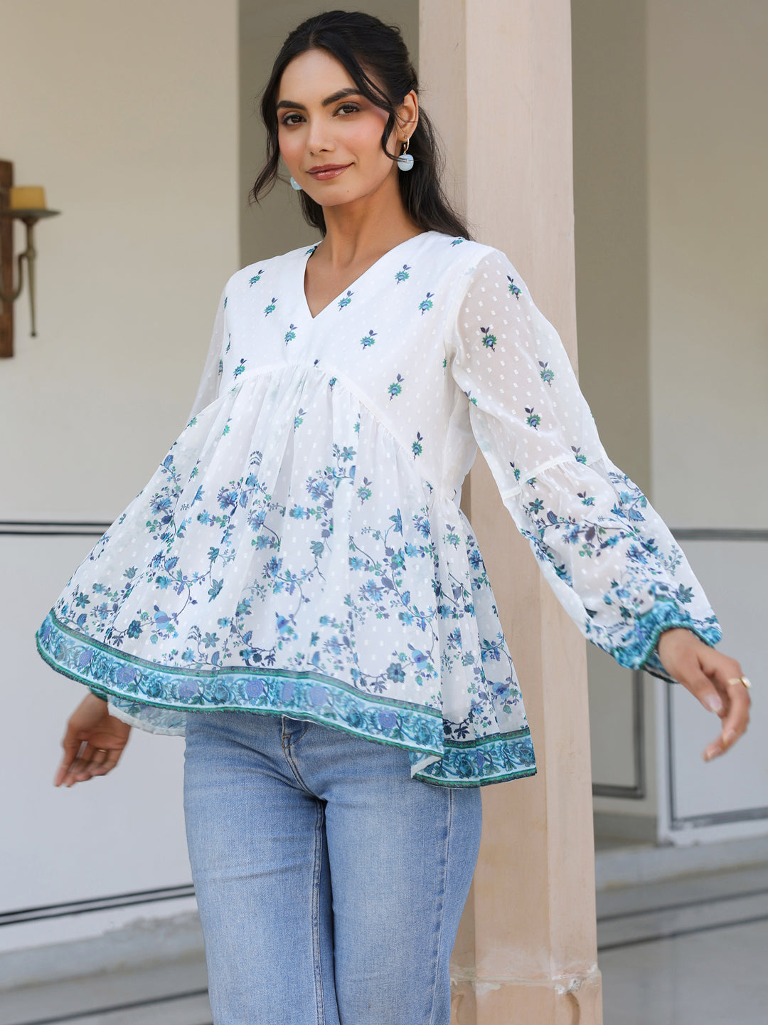 White Georgette Digital Print Flared Top - qivii
