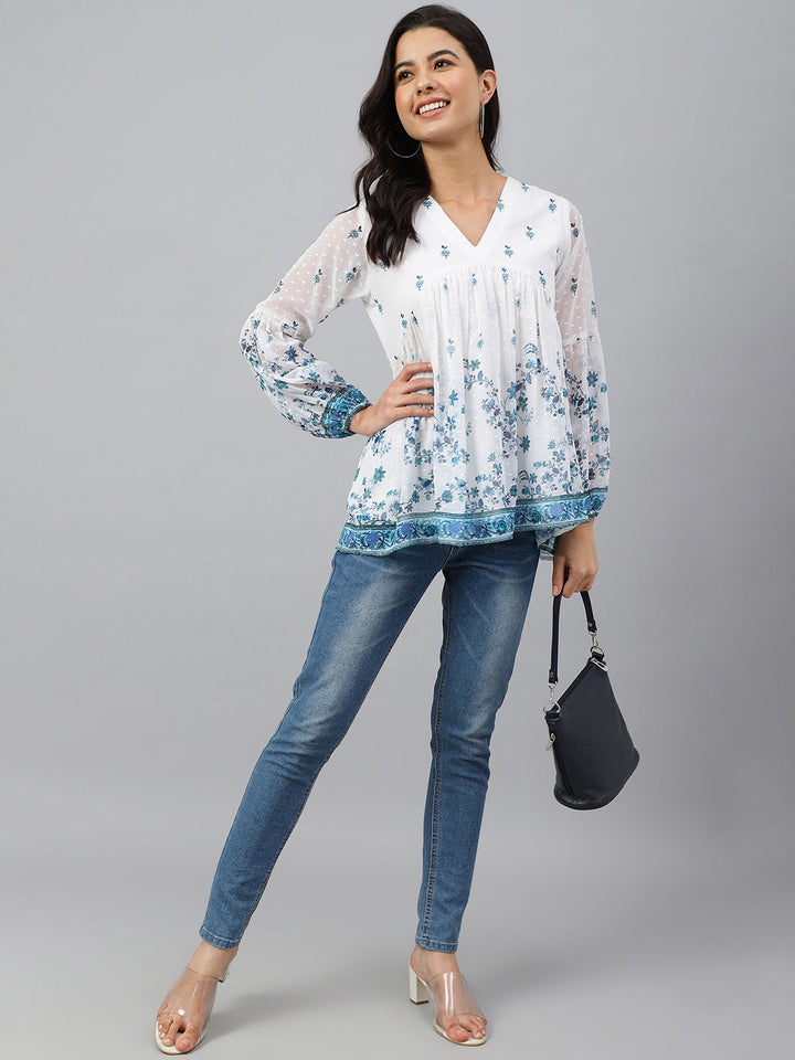 White Georgette Digital Print Flared Top  - By Janasya