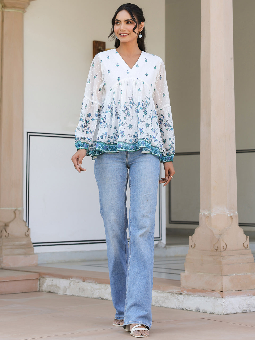 White Georgette Digital Print Flared Top - qivii