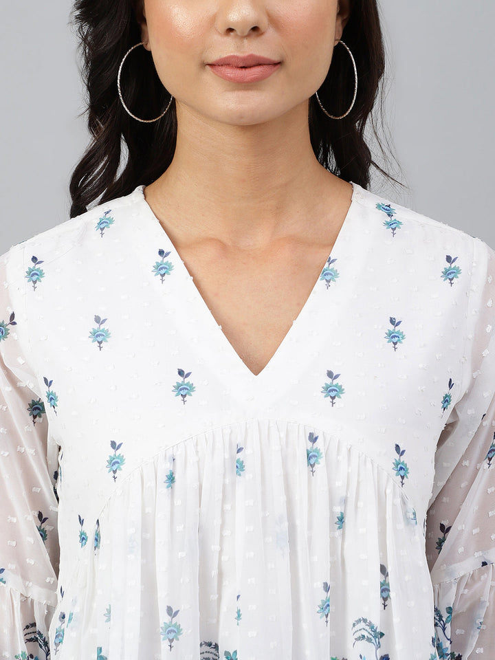 White Georgette Digital Print Flared Top  - By Janasya