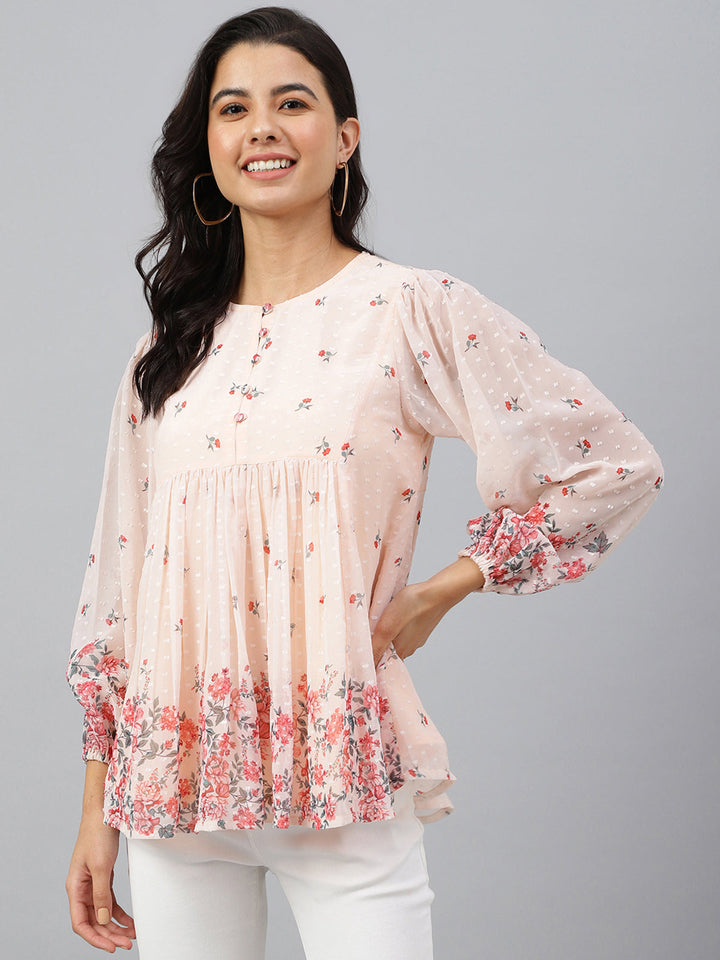 Peach Georgette Floral Print Flared Top  - By Janasya