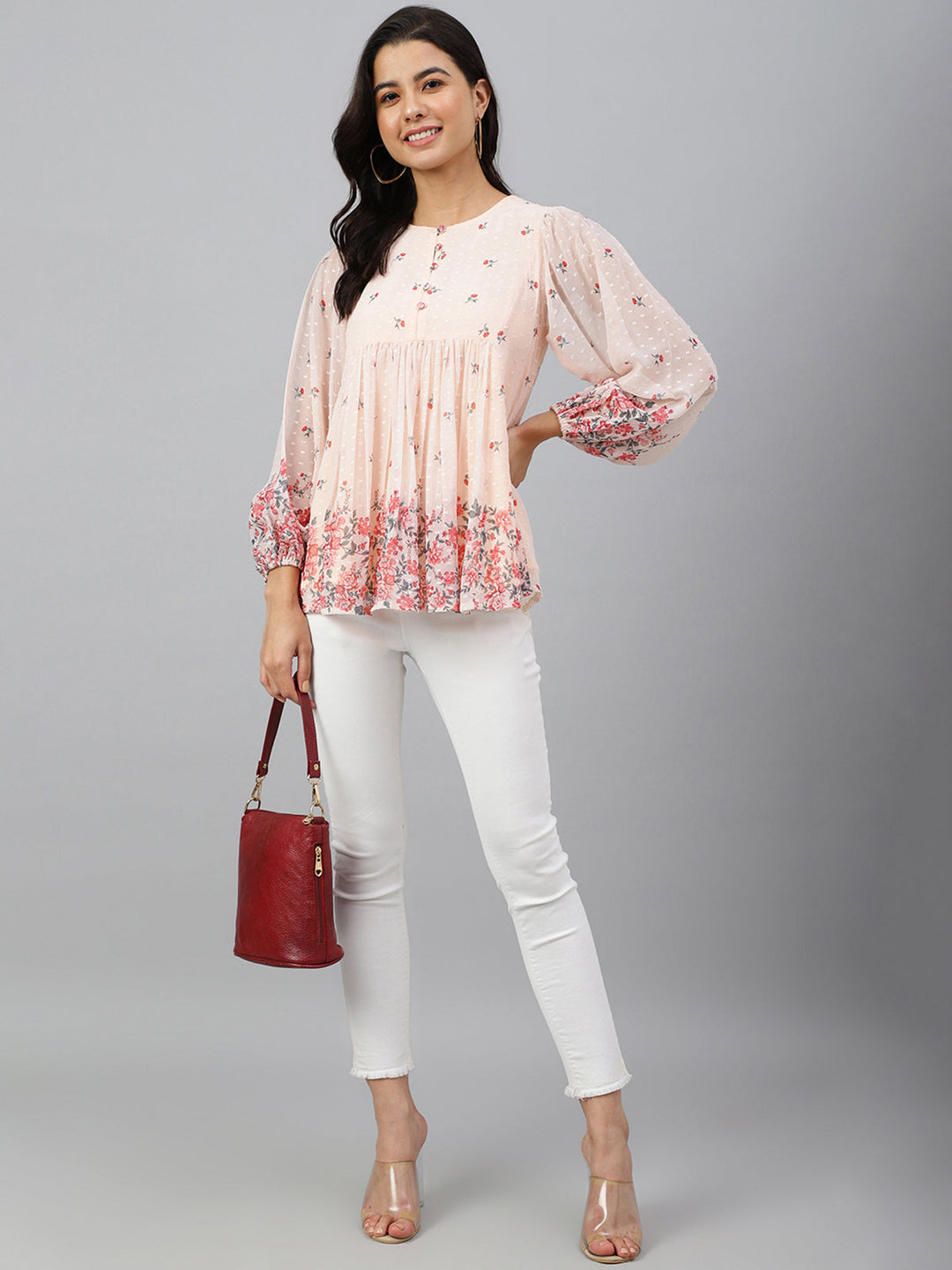 Peach Georgette Floral Print Flared Top  - By Janasya