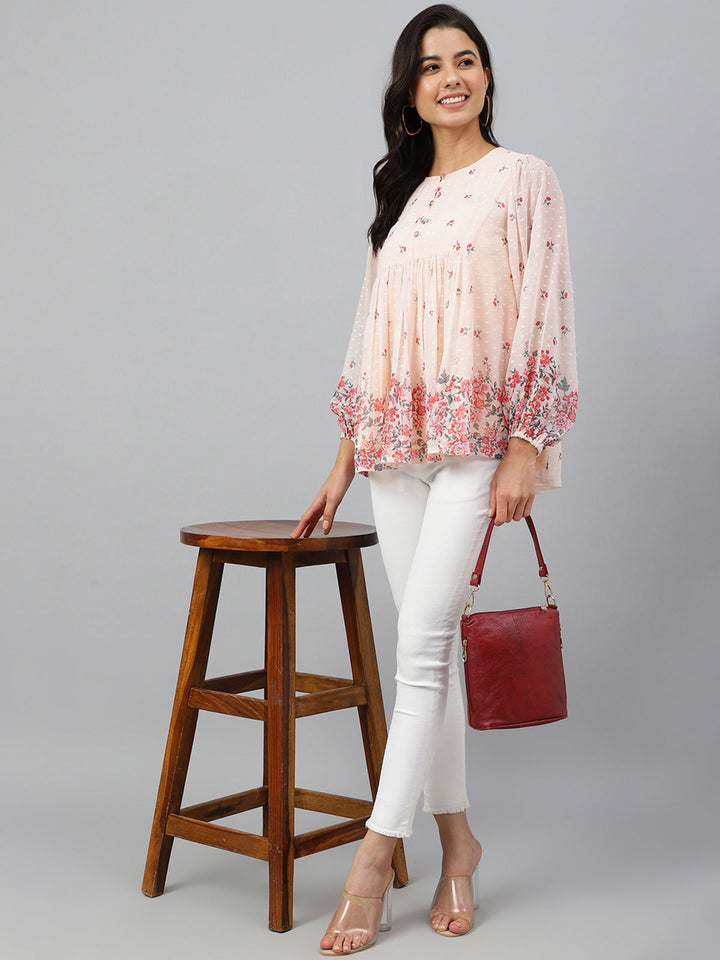 Peach Georgette Floral Print Flared Top  - By Janasya