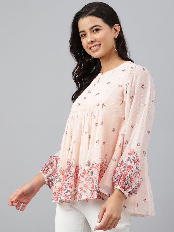 Peach Georgette Floral Print Flared Top  - By Janasya