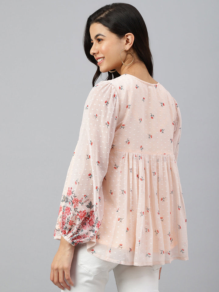 Peach Georgette Floral Print Flared Top  - By Janasya