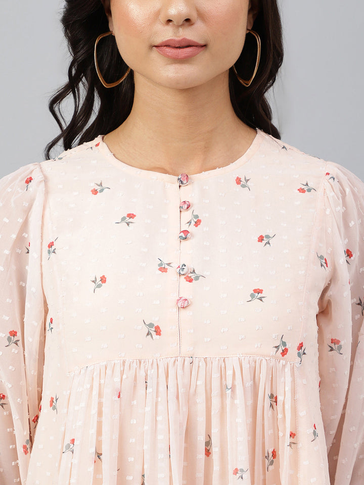 Peach Georgette Floral Print Flared Top  - By Janasya