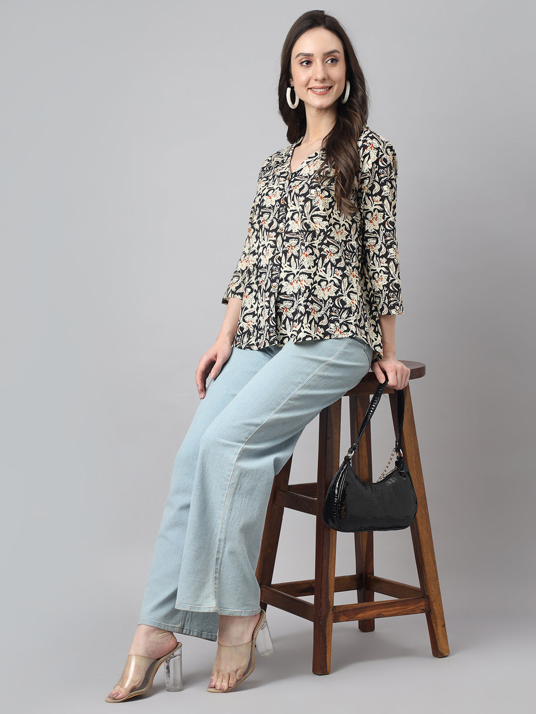 Black Cotton Floral Print Top - By Janasya