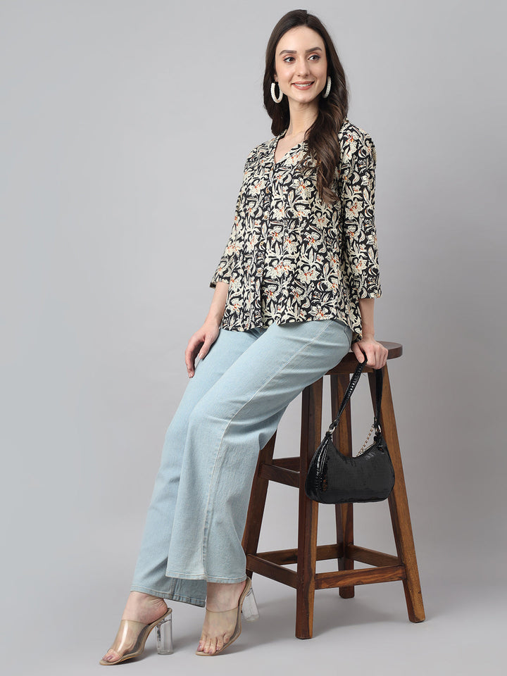 Black Cotton Floral Print Top  - By Janasya