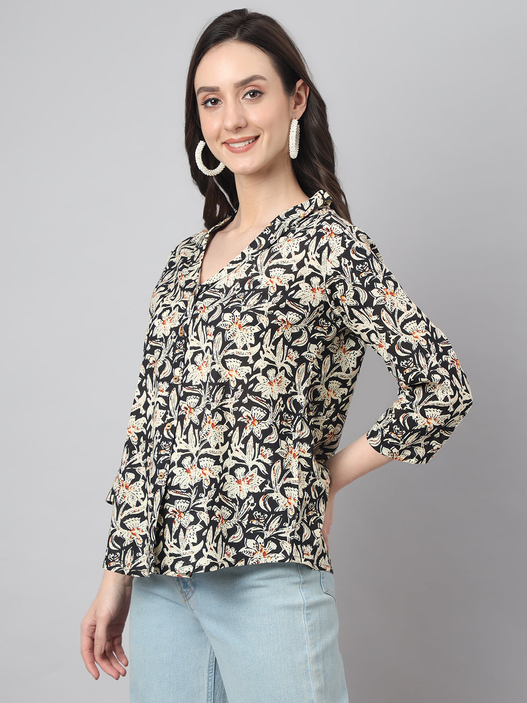 Black Cotton Floral Print Top  - By Janasya