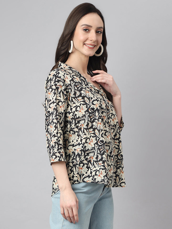 Women's Black Cotton Floral Print Regular Top  - By Janasya