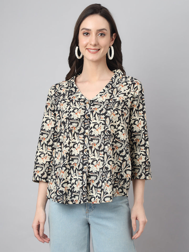 Black Cotton Floral Print Top - By Janasya