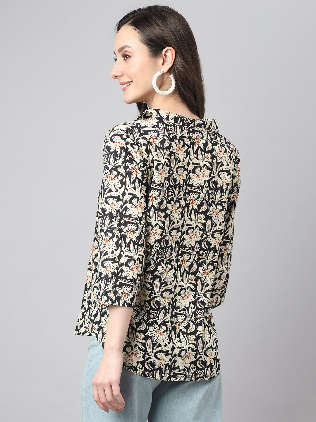 Black Cotton Floral Print Top - By Janasya