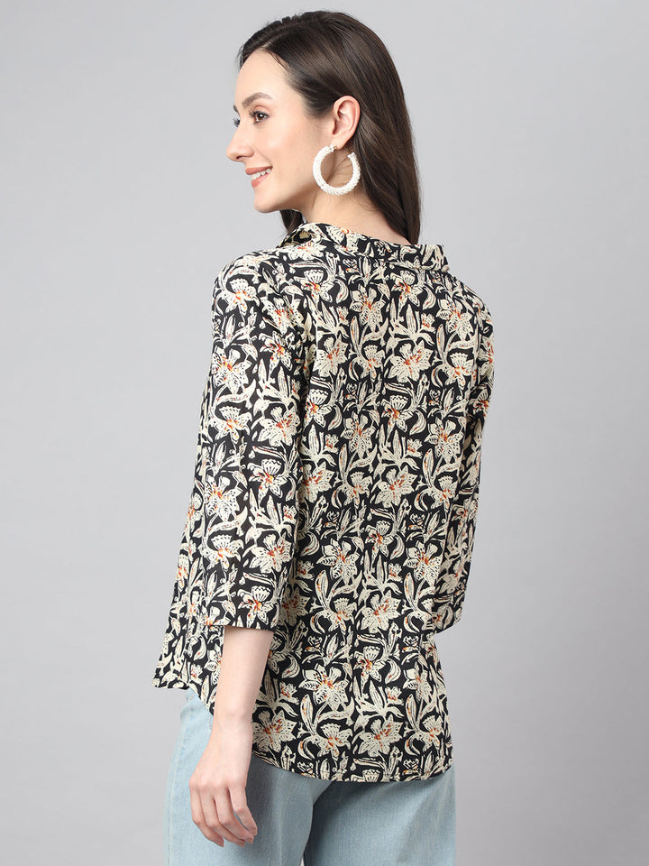 Black Cotton Floral Print Top  - By Janasya