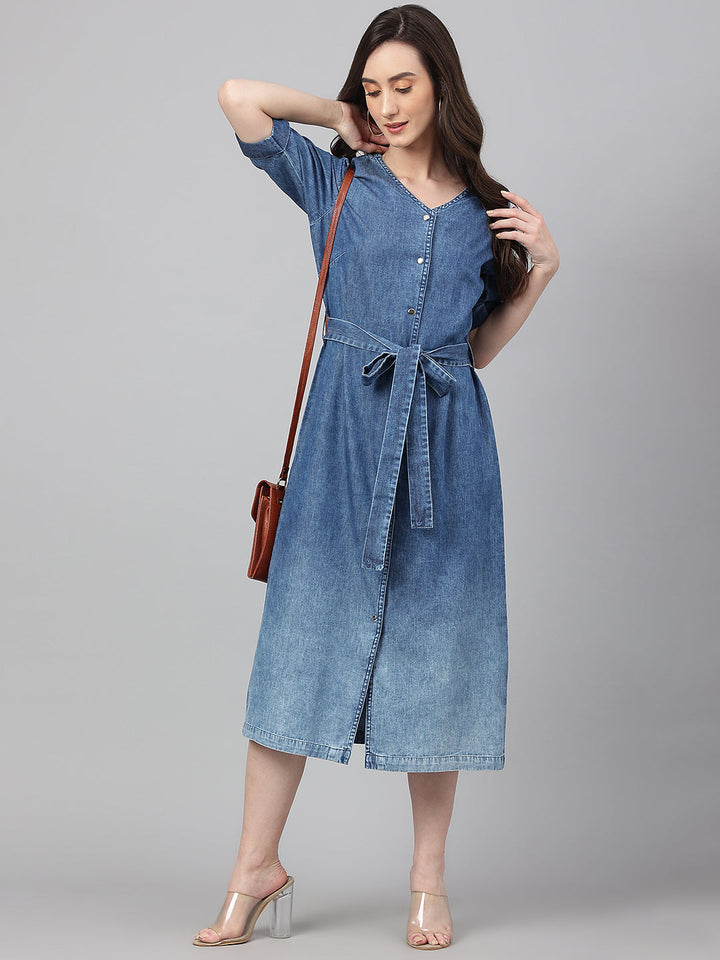 Blue Denim Solid Straight Western Dress  - By Janasya