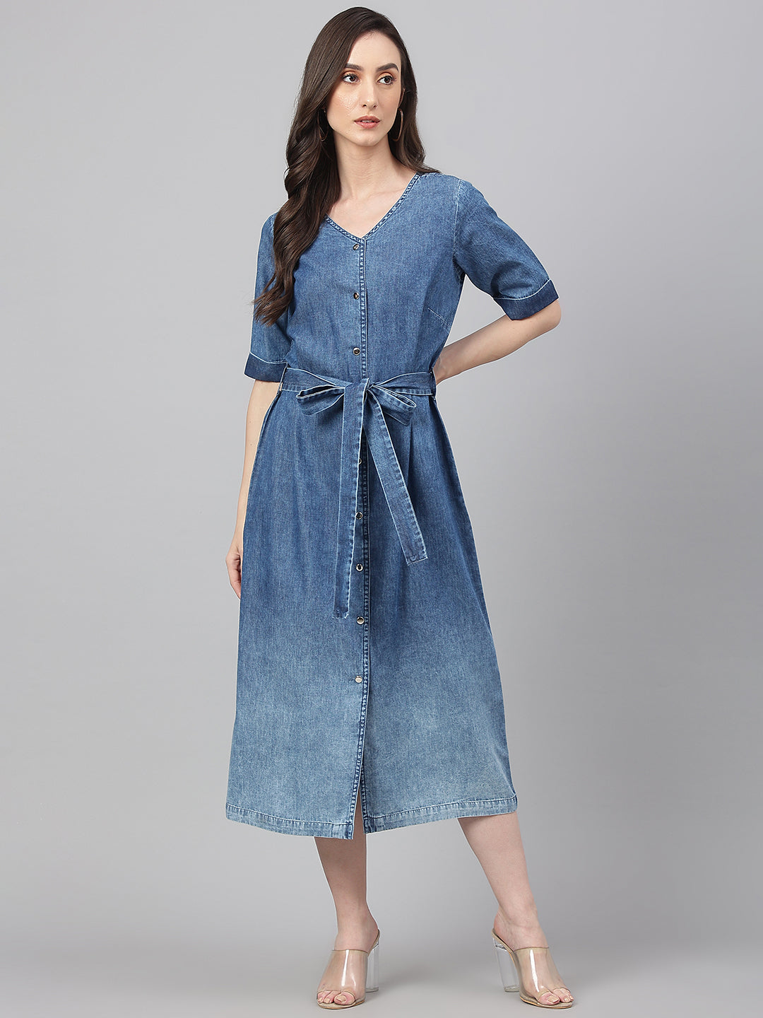 Blue Denim Solid Straight Western Dress  - By Janasya