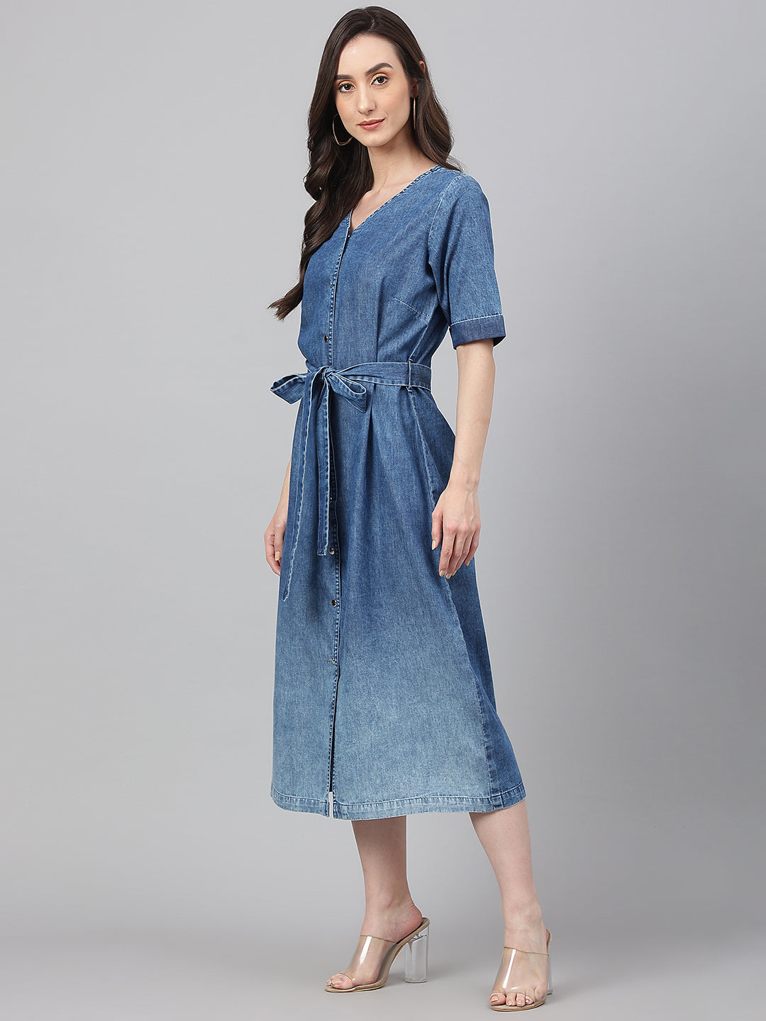 Blue Denim Solid Straight Western Dress  - By Janasya