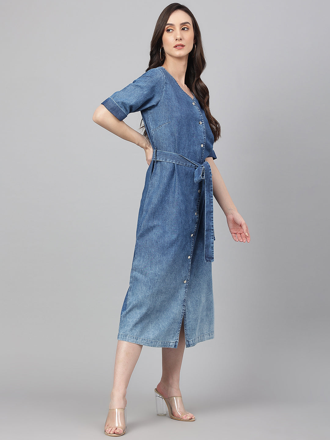 Blue Denim Solid Straight Western Dress  - By Janasya