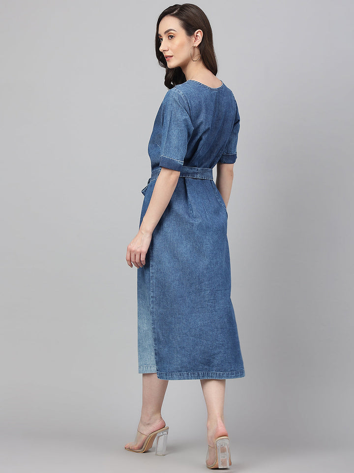 Blue Denim Solid Straight Western Dress  - By Janasya