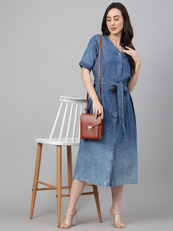 Blue Denim Solid Straight Western Dress  - By Janasya