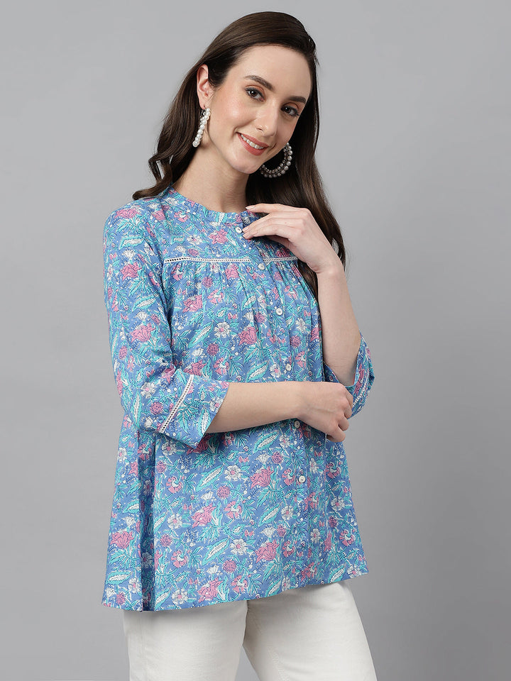 Women's Blue Cotton Botanical Print Empire Top  - By Janasya