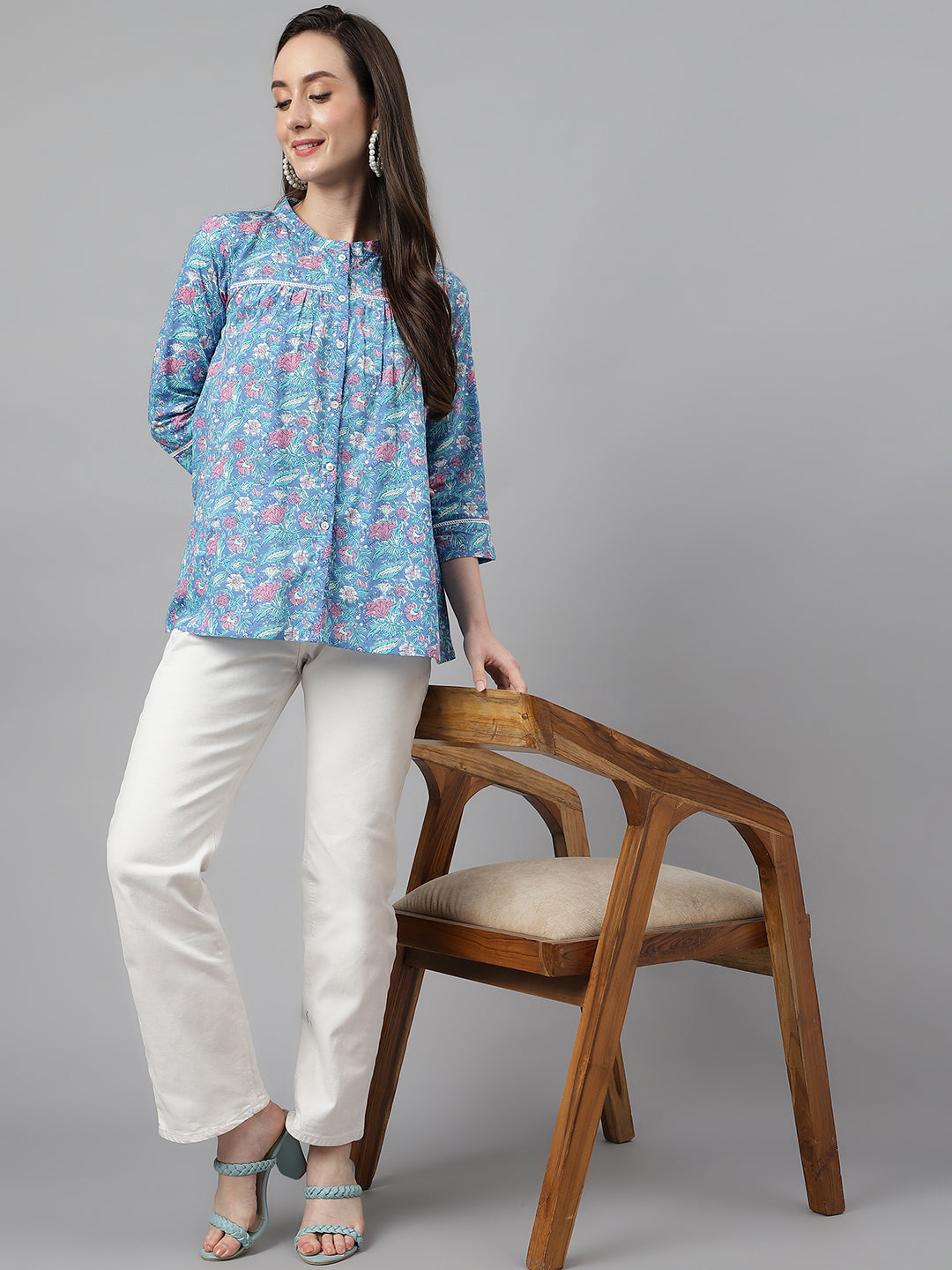 Women's Blue Cotton Botanical Print Empire Top  - By Janasya