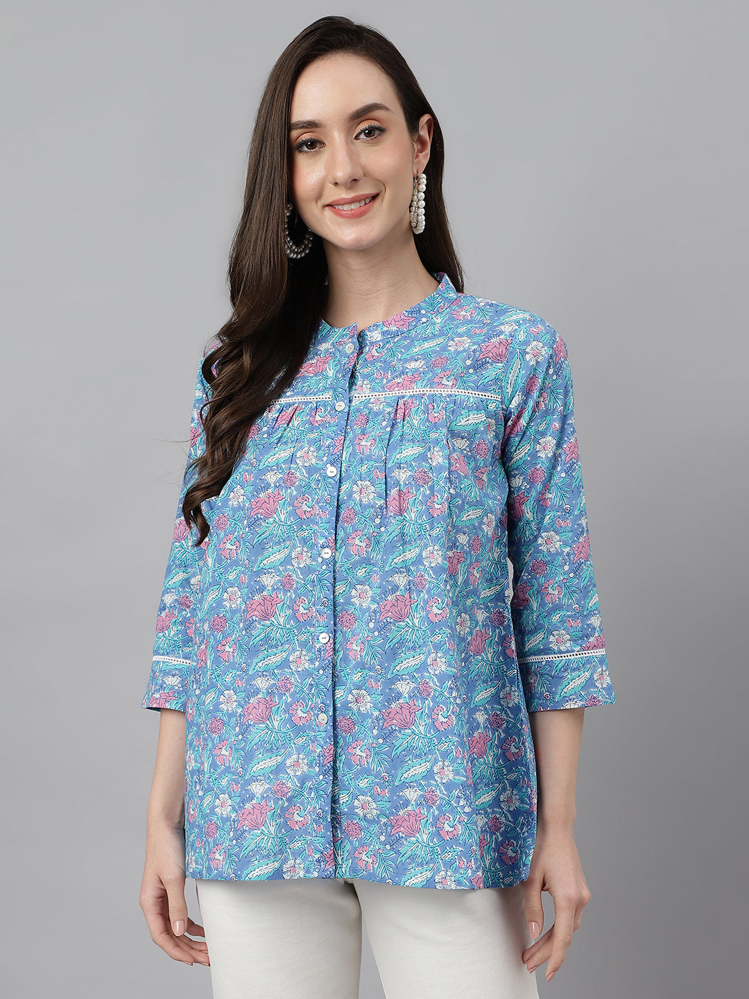 Women's Blue Cotton Botanical Print Empire Top  - By Janasya