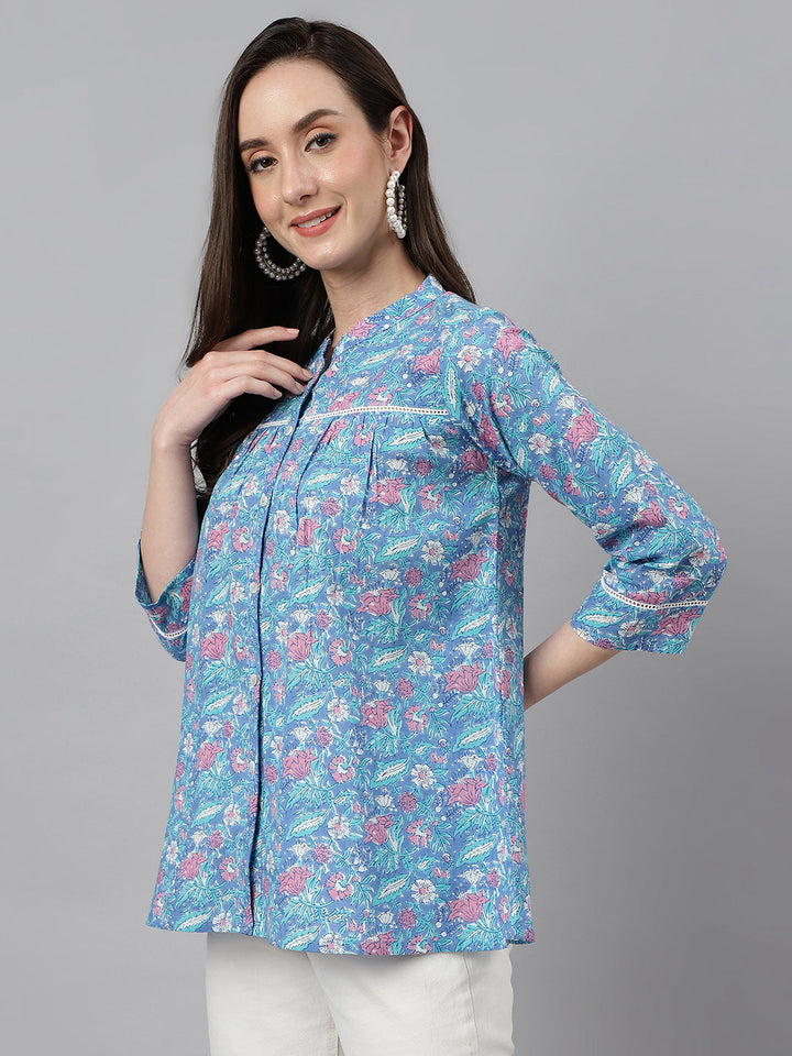 Women's Blue Cotton Botanical Print Empire Top  - By Janasya