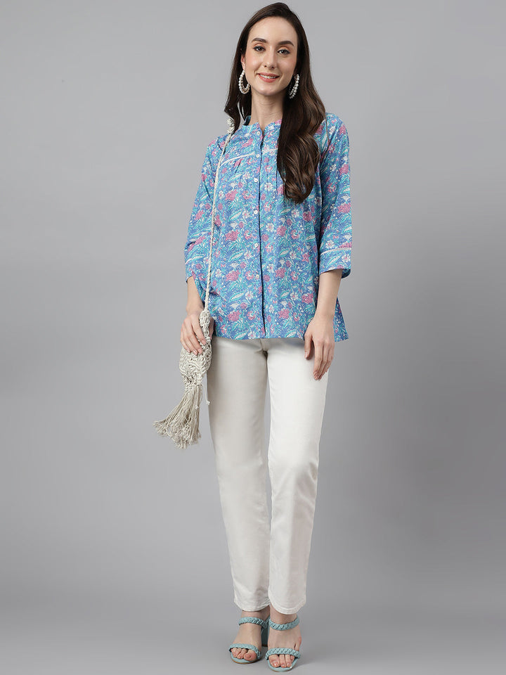 Women's Blue Cotton Botanical Print Empire Top  - By Janasya