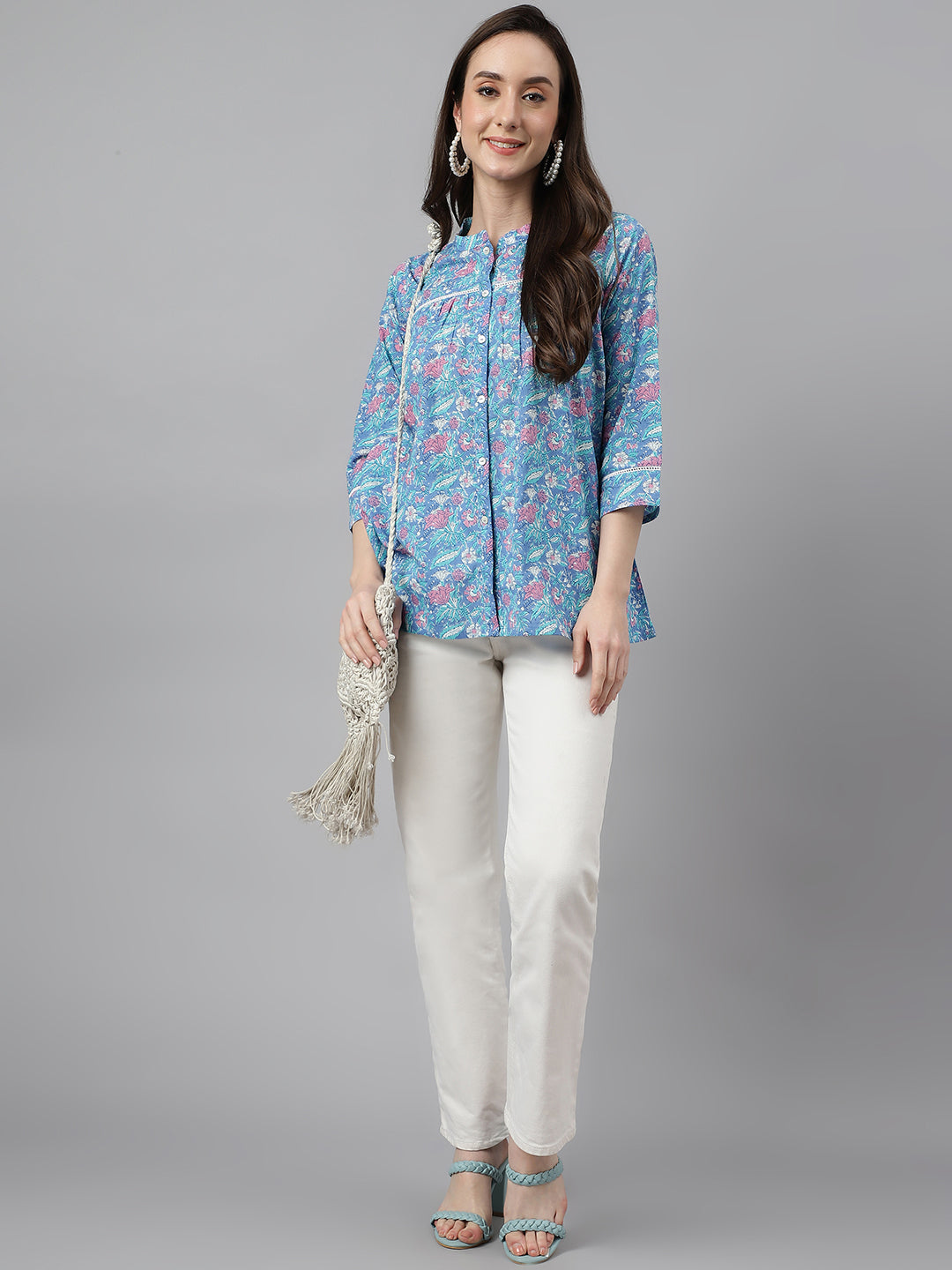 Blue Cotton Botanical Print Empire Top - By Janasya