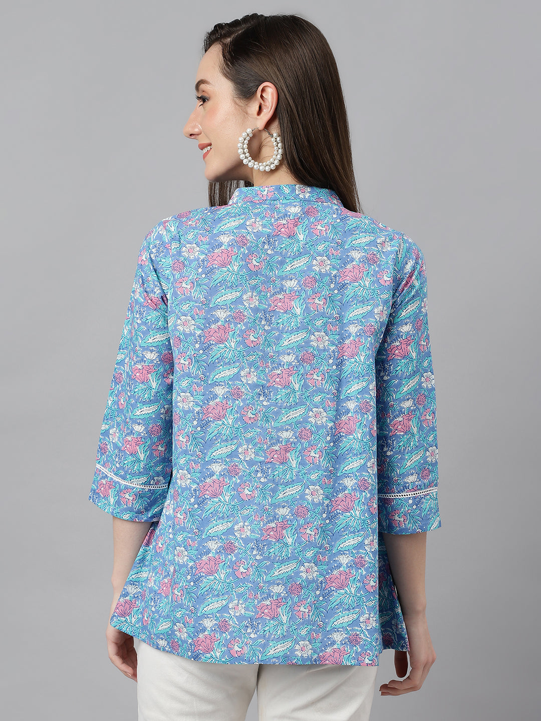 Women's Blue Cotton Botanical Print Empire Top  - By Janasya