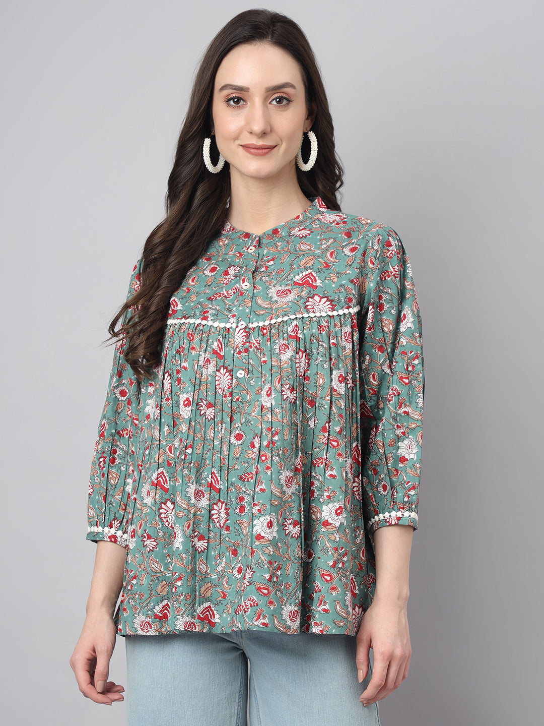 Green Cotton Botanical Print Empire Top  - By Janasya