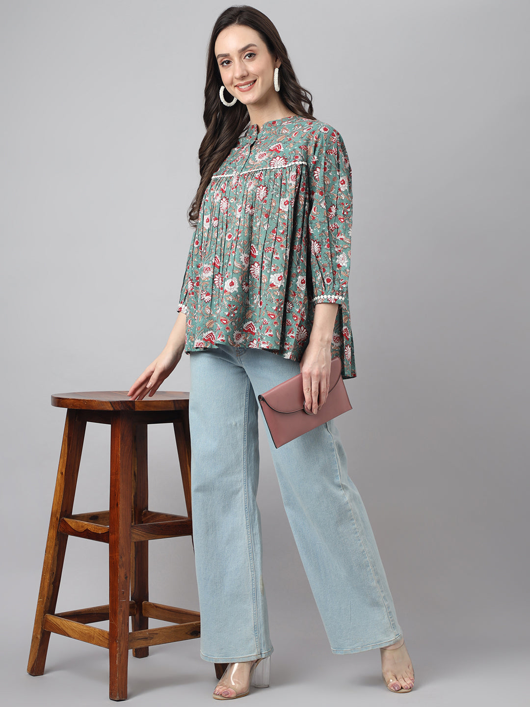 Green Cotton Botanical Print Empire Top  - By Janasya