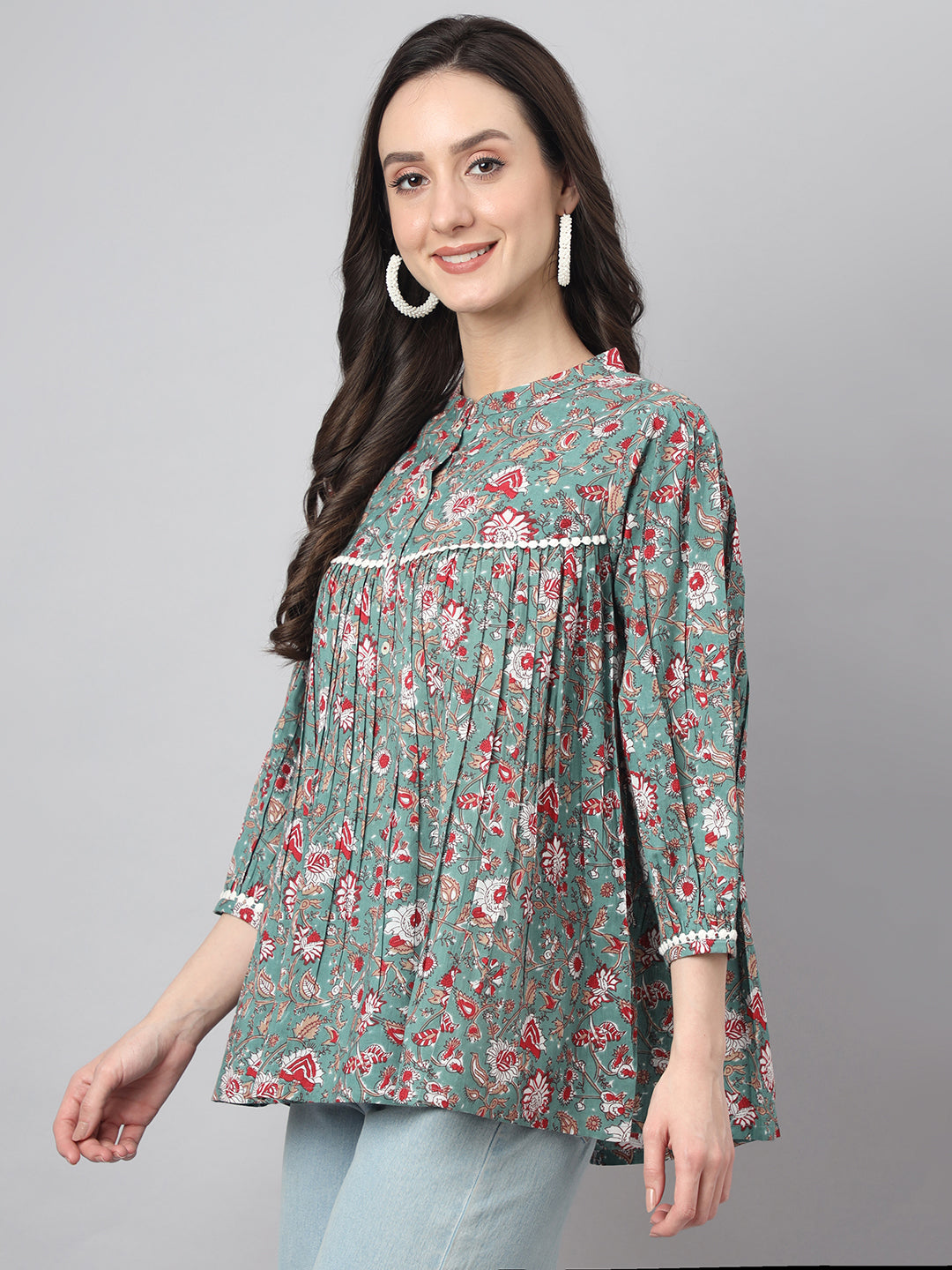 Green Cotton Botanical Print Empire Top  - By Janasya