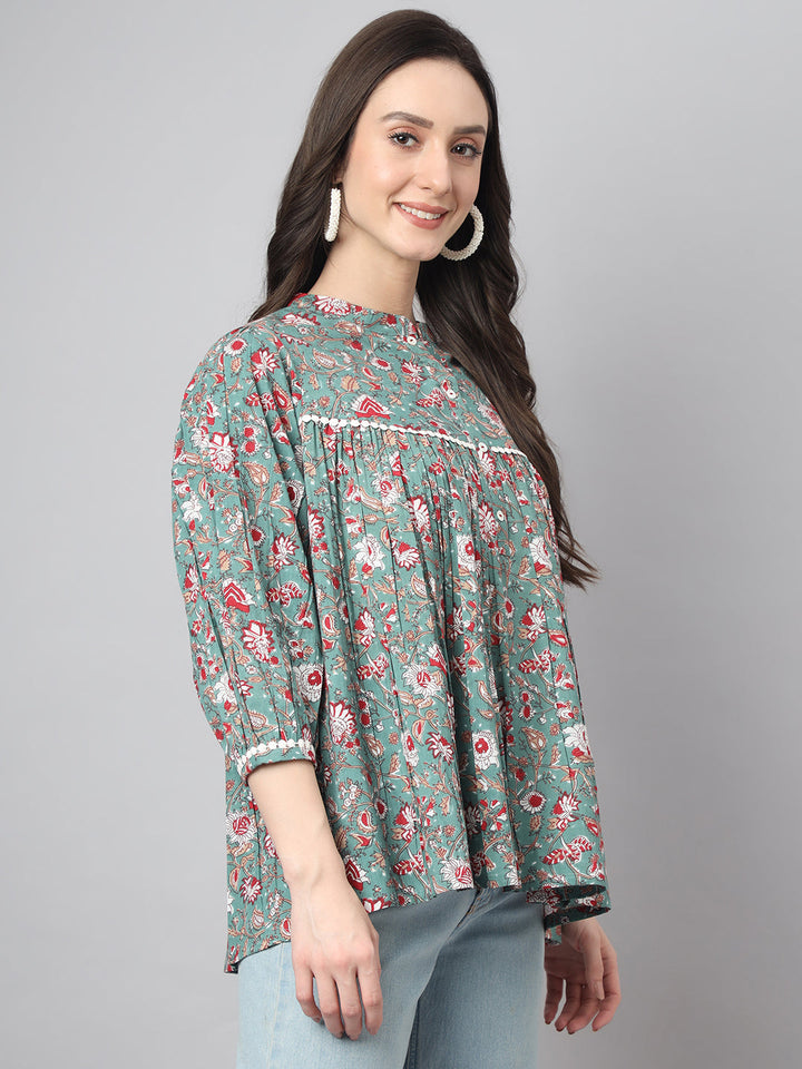 Green Cotton Botanical Print Empire Top  - By Janasya