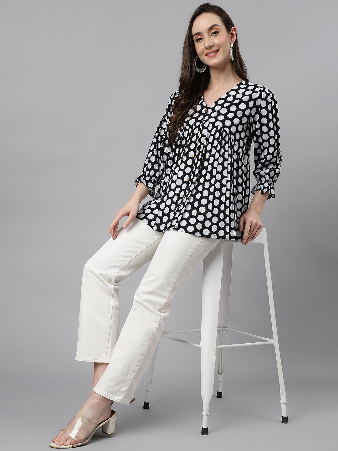 Women's Black Cotton Polka Print Peplum Top  - By Janasya