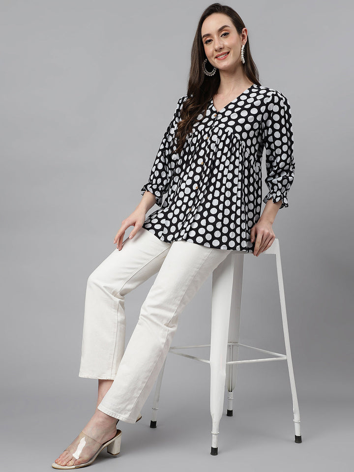 Black Cotton Polka Print Peplum Top  - By Janasya