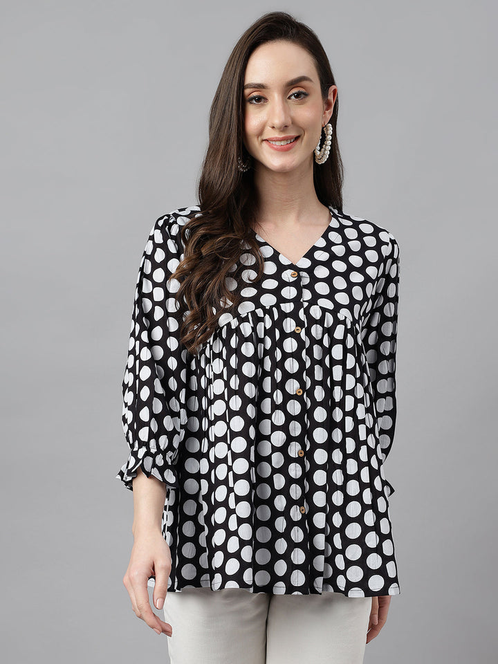 Black Cotton Polka Print Peplum Top  - By Janasya