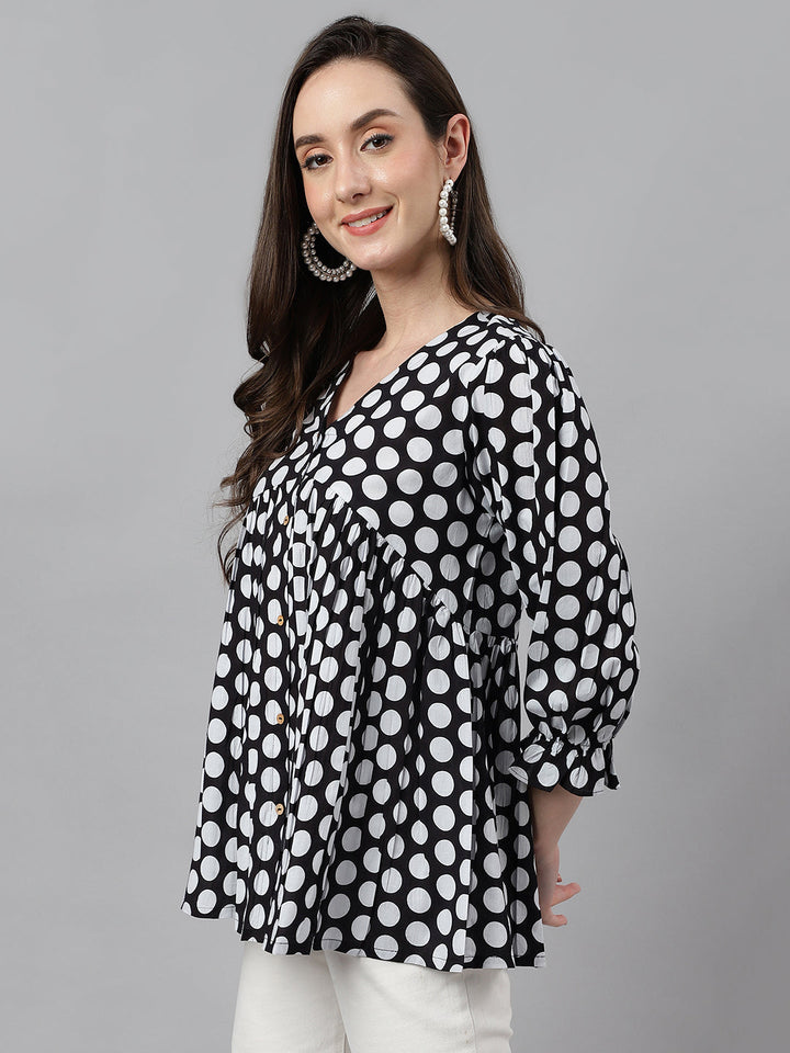 Black Cotton Polka Print Peplum Top  - By Janasya