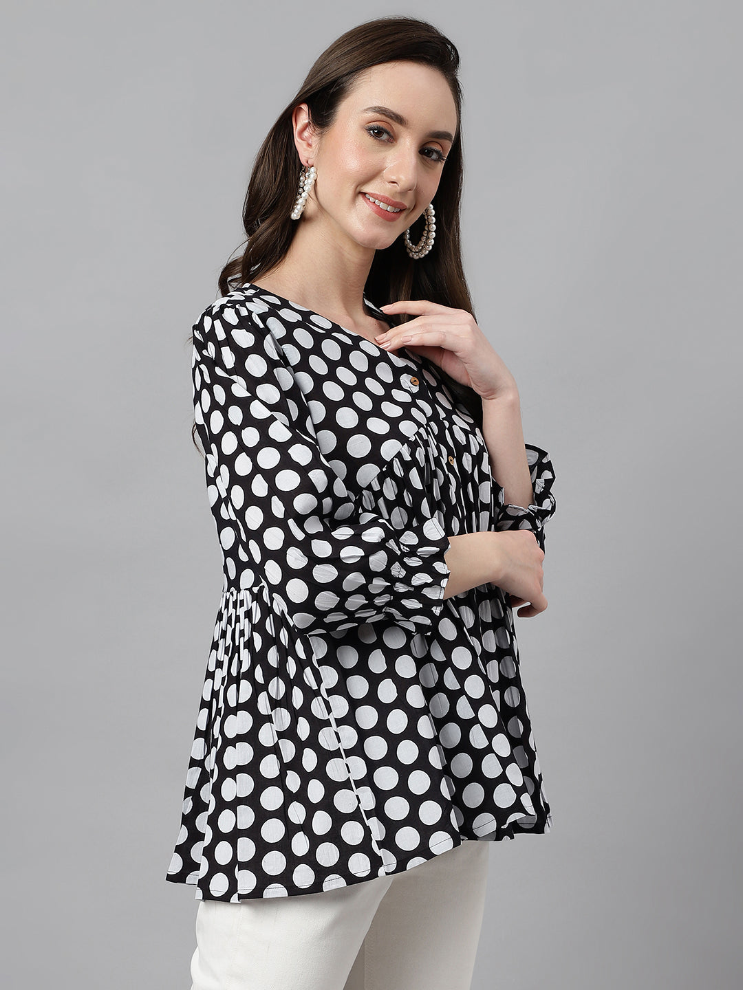 Black Cotton Polka Print Peplum Top  - By Janasya