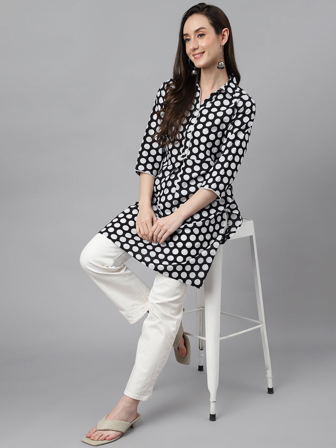 Women's Black Cotton Polka Print A-Line Tunic  - By Janasya