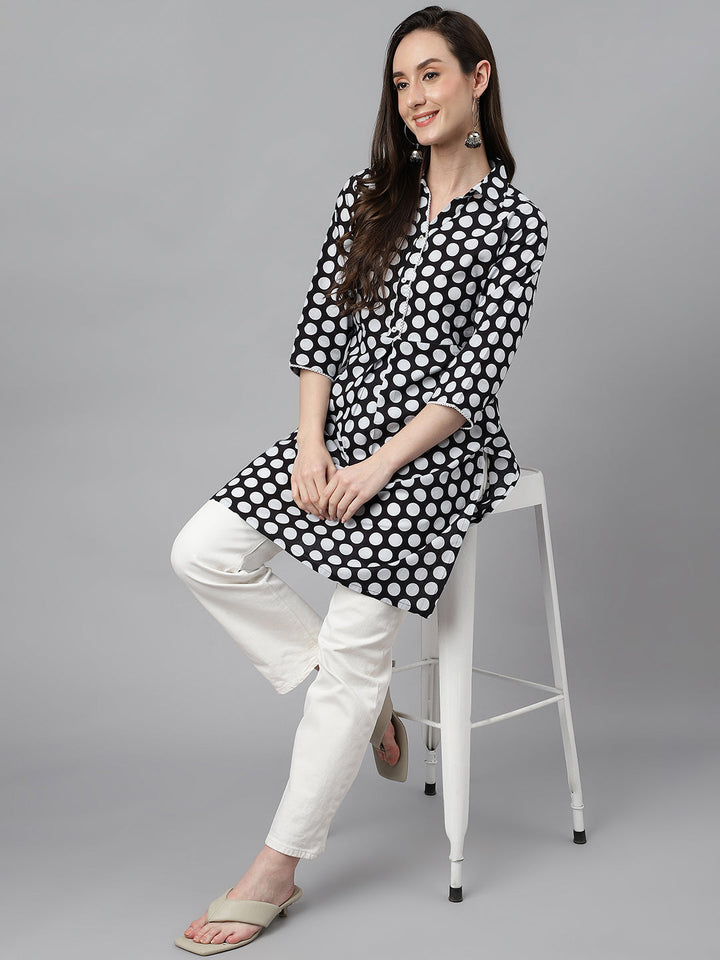 Women's Black Cotton Polka Print A-Line Tunic  - By Janasya