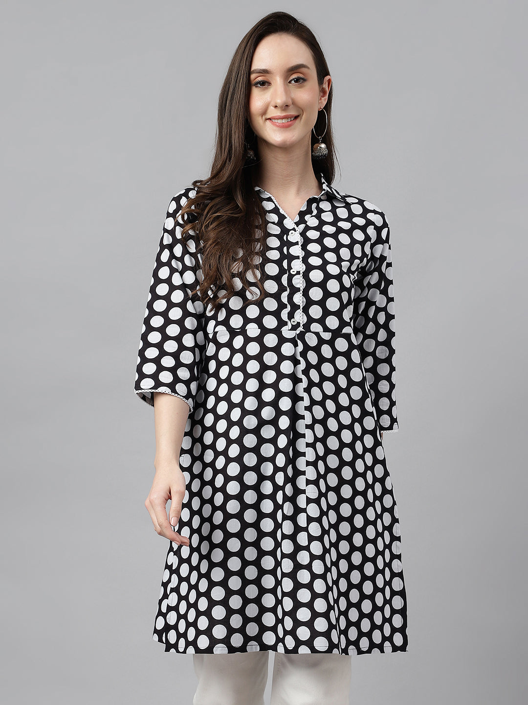 Women's Black Cotton Polka Print A-Line Tunic  - By Janasya