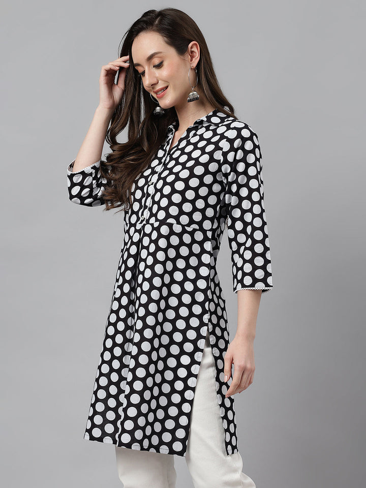 Women's Black Cotton Polka Print A-Line Tunic  - By Janasya