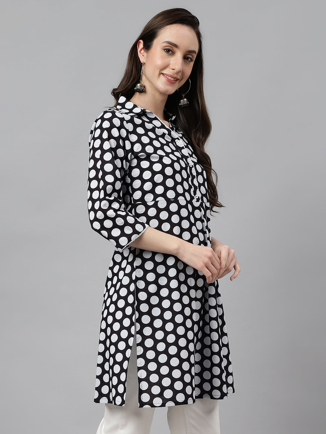 Women's Black Cotton Polka Print A-Line Tunic  - By Janasya