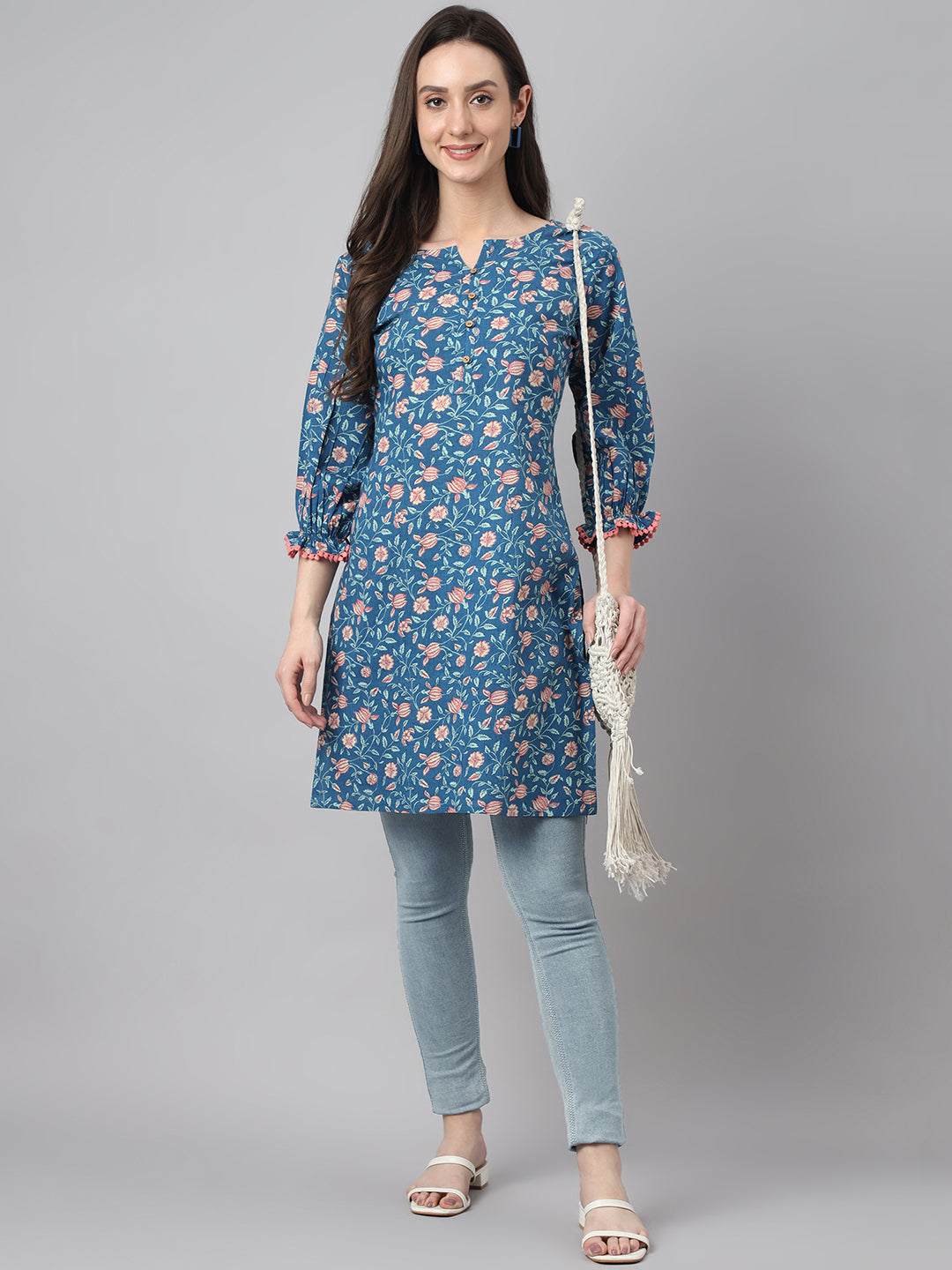 Blue Cotton Floral Print Tunic  - By Janasya