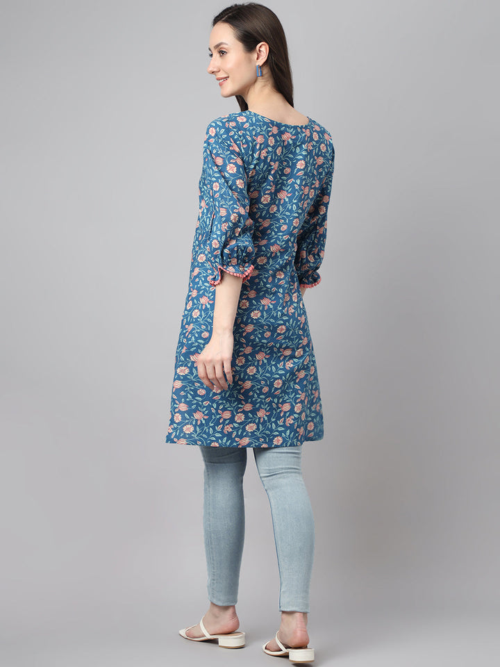 Blue Cotton Floral Print Tunic  - By Janasya