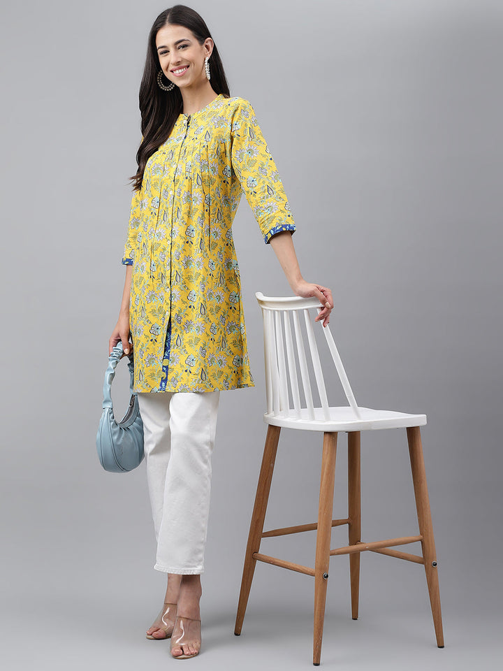 Yellow Cotton Floral Print Empire Tunic  - By Janasya